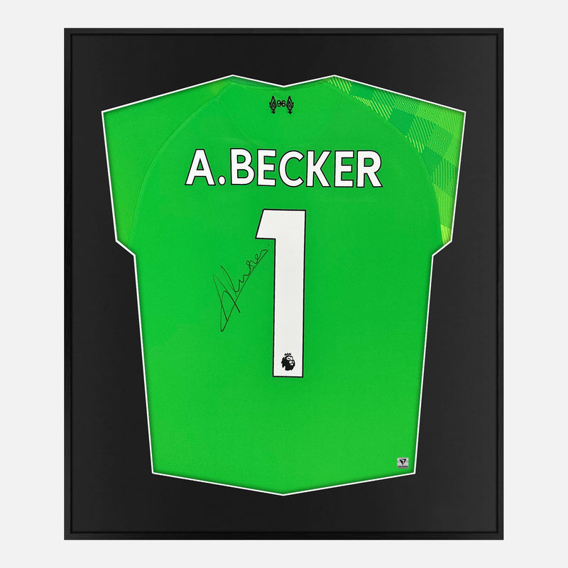 Framed Alisson Becker Signed Liverpool Shirt 2021-22 Goalkeeper [Mini]