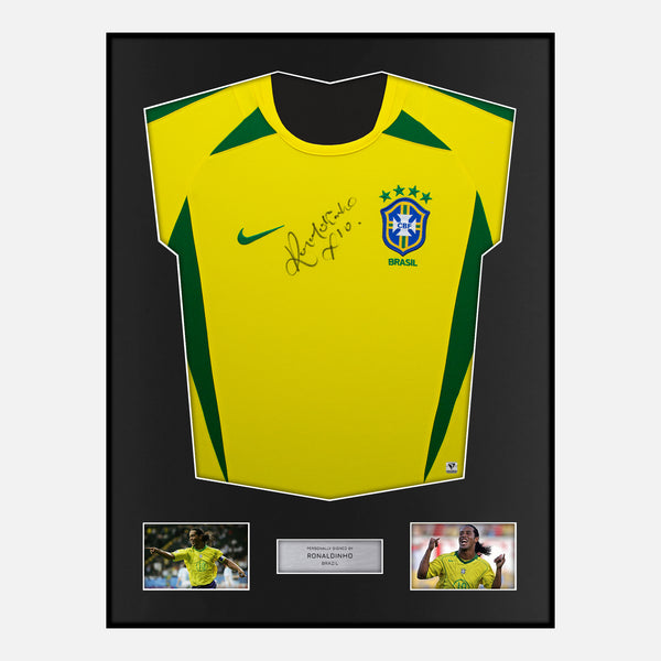 Framed Ronaldinho Signed Brazil Shirt 2002 World Cup Winners [Modern]