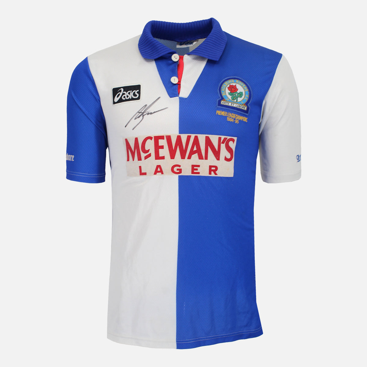 Alan Shearer Signed Blackburn Rovers Shirt 1994-95 PL Champions [Front] — Official Blackburn Rovers shirt signed by Alan Shearer | The Vault