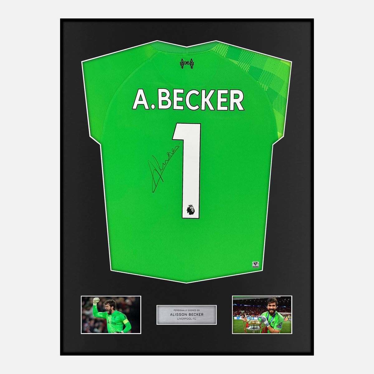 Framed Alisson Becker Signed Liverpool Shirt 2021-22 Goalkeeper [Classic] — Verified autograph with NFC and certificate | The Vault