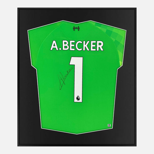Framed Alisson Becker Signed Liverpool Shirt 2021-22 Goalkeeper [Mini]