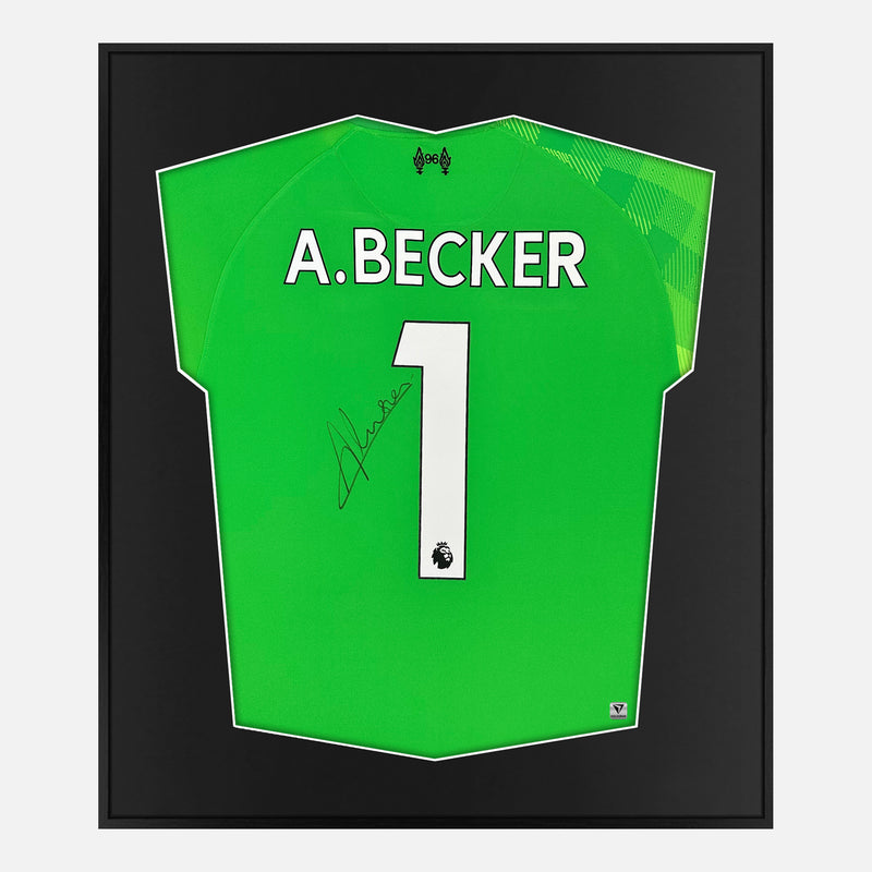 Framed Alisson Becker Signed Liverpool Shirt, Green Goalkeeper [Mini]