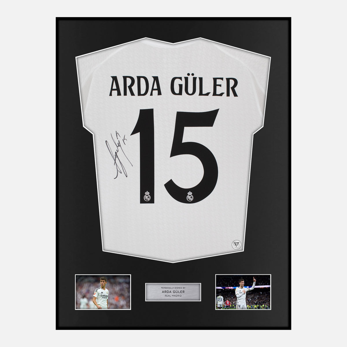 Framed Arda Güler Signed Real Madrid Shirt 2024-25 Home [Classic] — Classic framed Real Madrid shirt signed by Arda Güler | The Vault