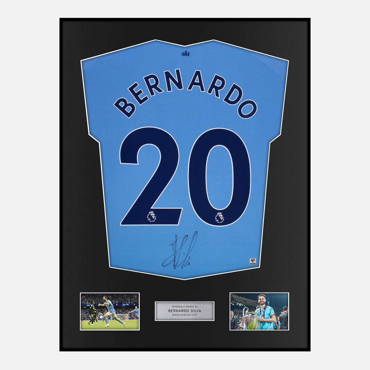Framed Bernardo Silva Signed Manchester City Shirt 2023 Treble [Classic] — Verified autograph with NFC and certificate | The Vault