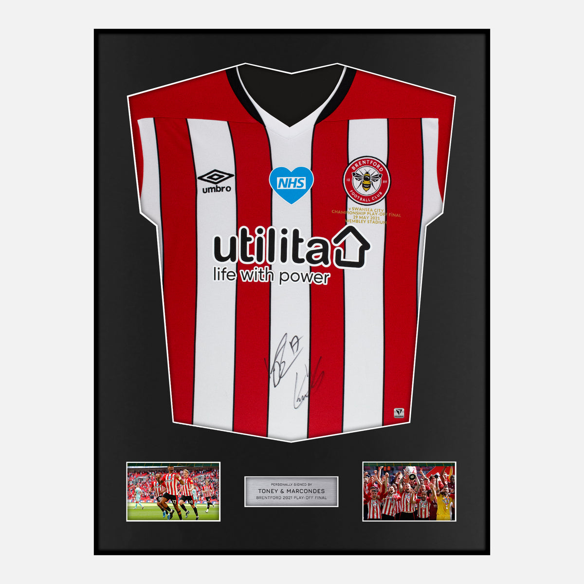 Framed Toney & Marcondes Signed Brentford Shirt 2021 Play-Off Final [Classic] — Verified autograph with NFC and certificate | The Vault