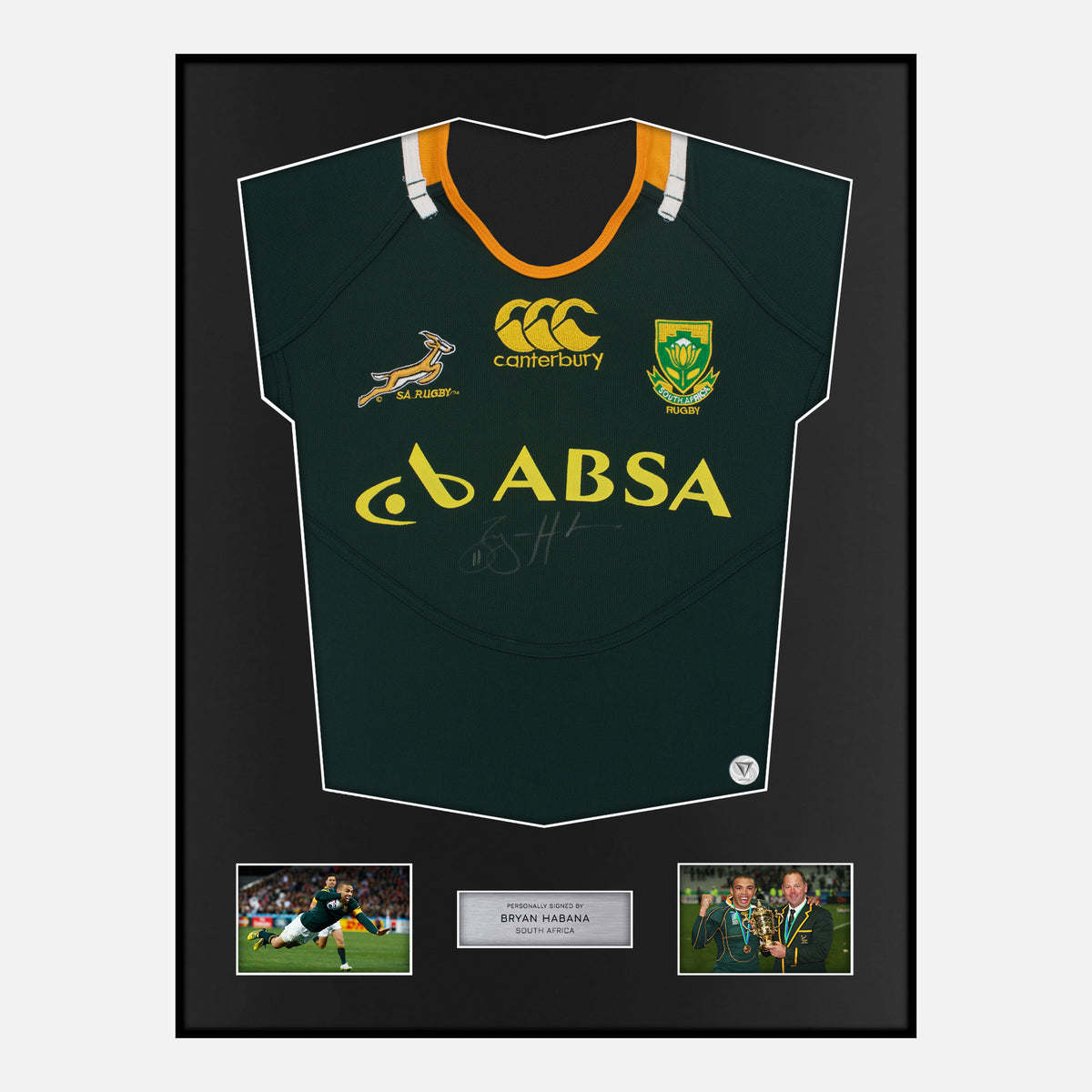 Framed Bryan Habana Signed South Africa Rugby Shirt 2011-13 [Classic] — Verified autograph with NFC and certificate | The Vault