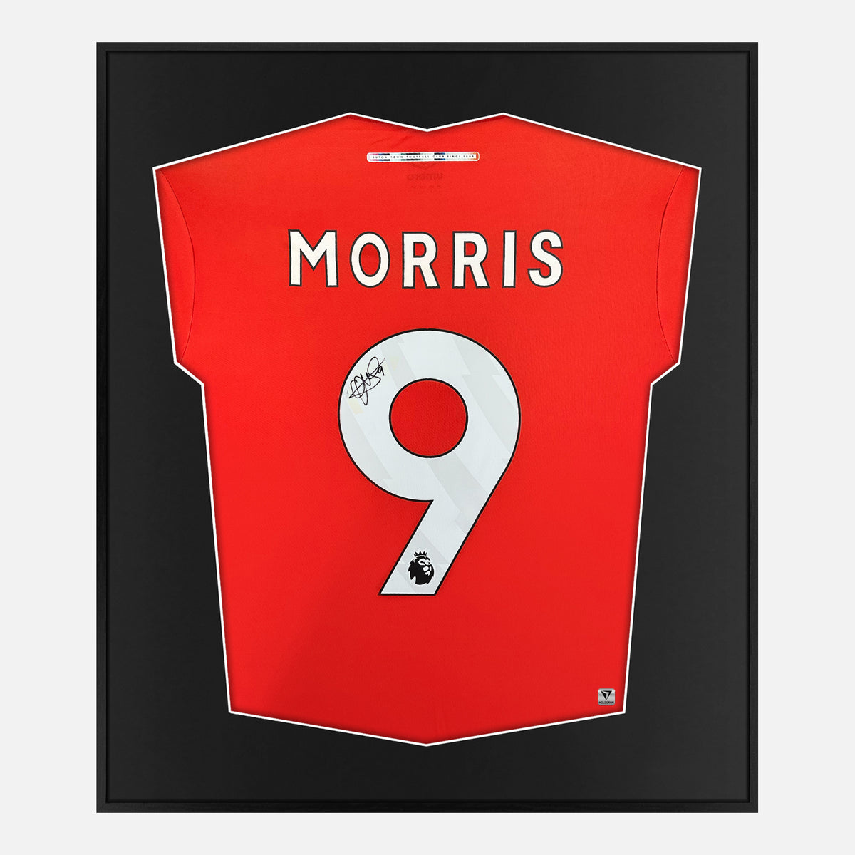 Framed Morris Signed Luton Town Shirt, Premier League [Lite] — Authentic signature with NFC and COA | The Vault