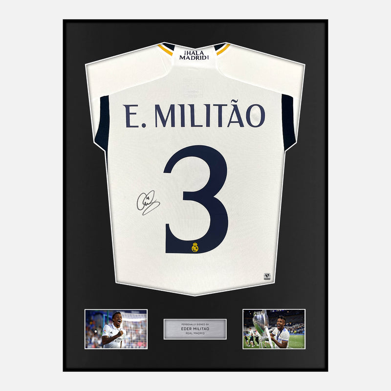 Framed Eder Militao Signed Real Madrid Shirt 2023-24 Home [Modern]