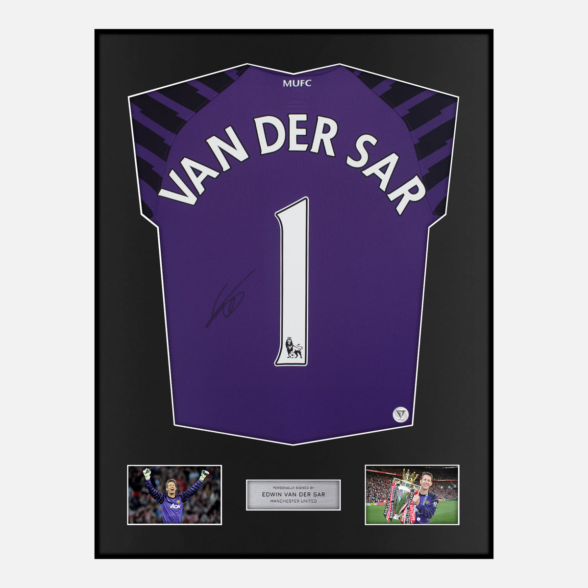 Framed Van Der Sar Signed Manchester United Shirt Goalkeeper Purple [Classic] — Verified autograph with NFC and certificate | The Vault