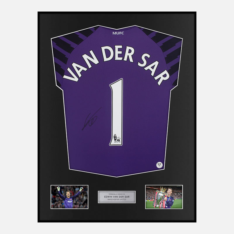 Framed Van Der Sar Signed Manchester United Shirt Goalkeeper Purple [Classic]
