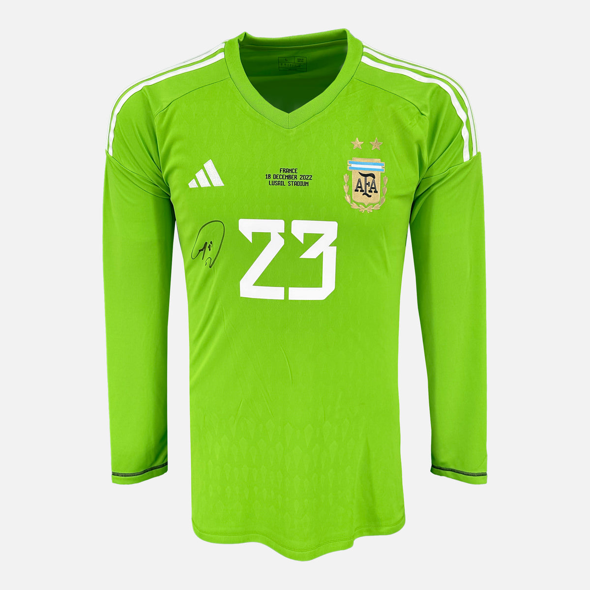 Emiliano Martinez Signed Argentina Shirt Goalkeeper World Cup [Front] — Official Argentina shirt signed by Emiliano Martinez | The Vault