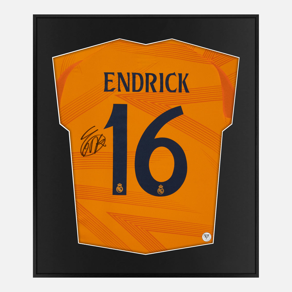 Framed Endrick Signed Shirt, Real Madrid, Away Orange, New [Lite] — Authentic signature with NFC and COA | The Vault