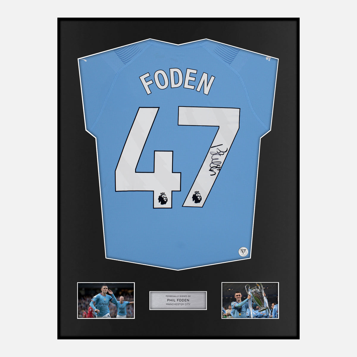 Framed Phil Foden Signed Manchester City Shirt Home 47 [Classic] — Classic framed Manchester City shirt signed by Phil Foden | The Vault