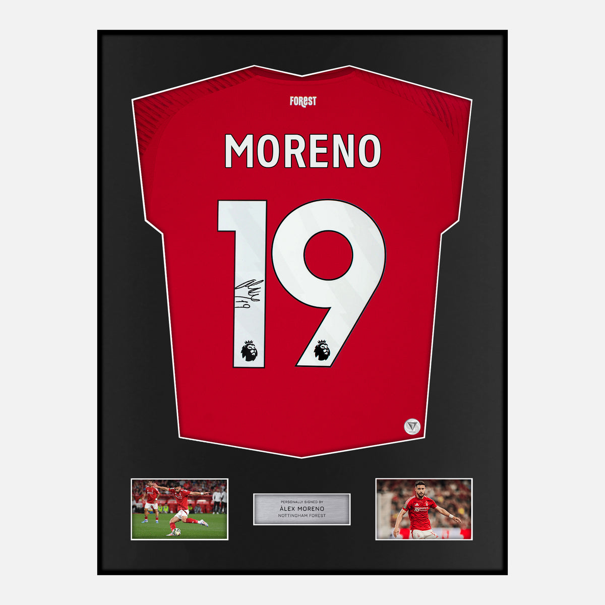 Framed Alex Moreno Signed Nottingham Forest Shirt 2024-25 Home [Classic] — Verified autograph with NFC and certificate | The Vault