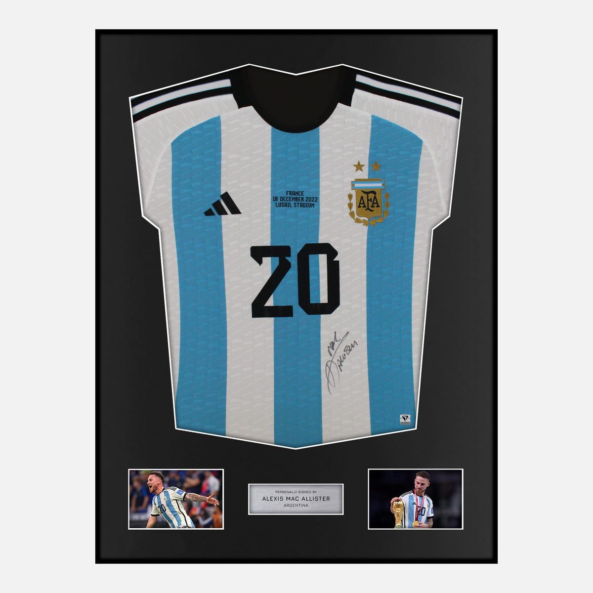 Framed Mac Allister Signed Argentina Shirt 2022 World Cup Winners [Classic] — Classic framed Argentina shirt signed by Alexis Mac Allister | The Vault