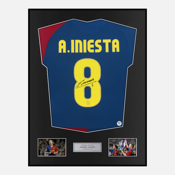 Framed Andrés Iniesta Signed Barcelona Shirt 2008-09 Treble [Classic]