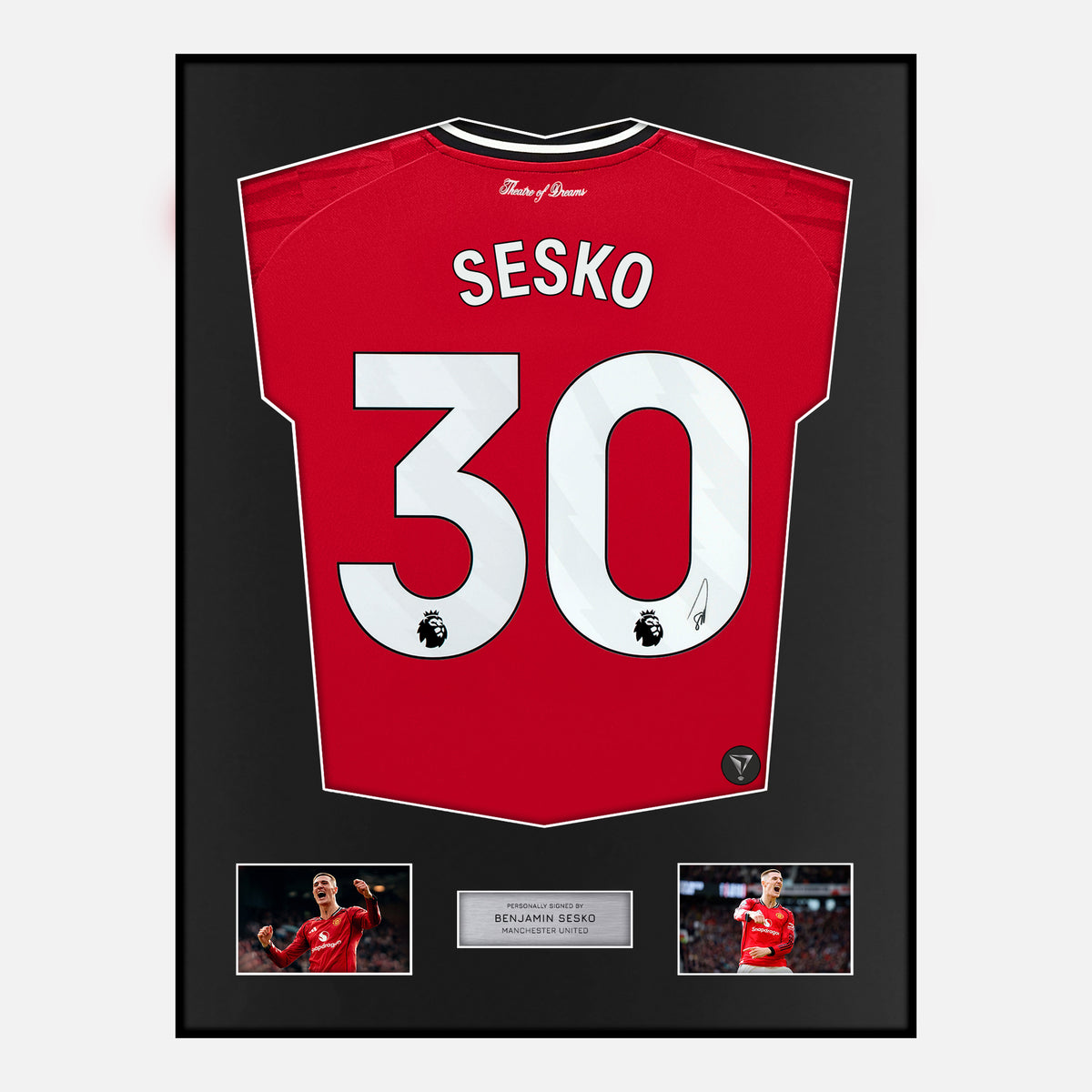 Framed Benjamin Sesko Signed Manchester United Shirt Home 2025-26 [Classic] — Classic framed Manchester United shirt signed by Benjamin Sesko | The Vault