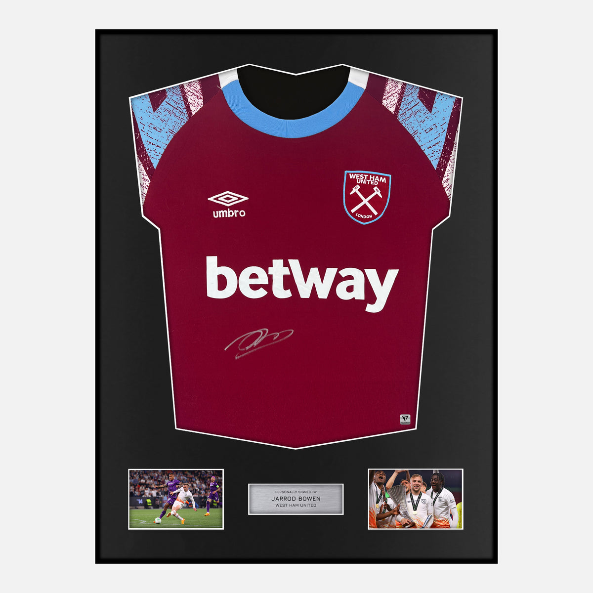 Framed Jarrod Bowen Signed West Ham United Shirt 2022-23 Home [Classic] — Classic framed West Ham United shirt signed by Jarrod Bowen | The Vault