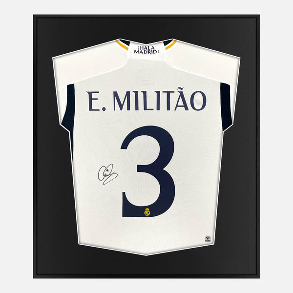 Framed Eder Militao Signed Real Madrid Shirt 2023-24 Home [Mini]