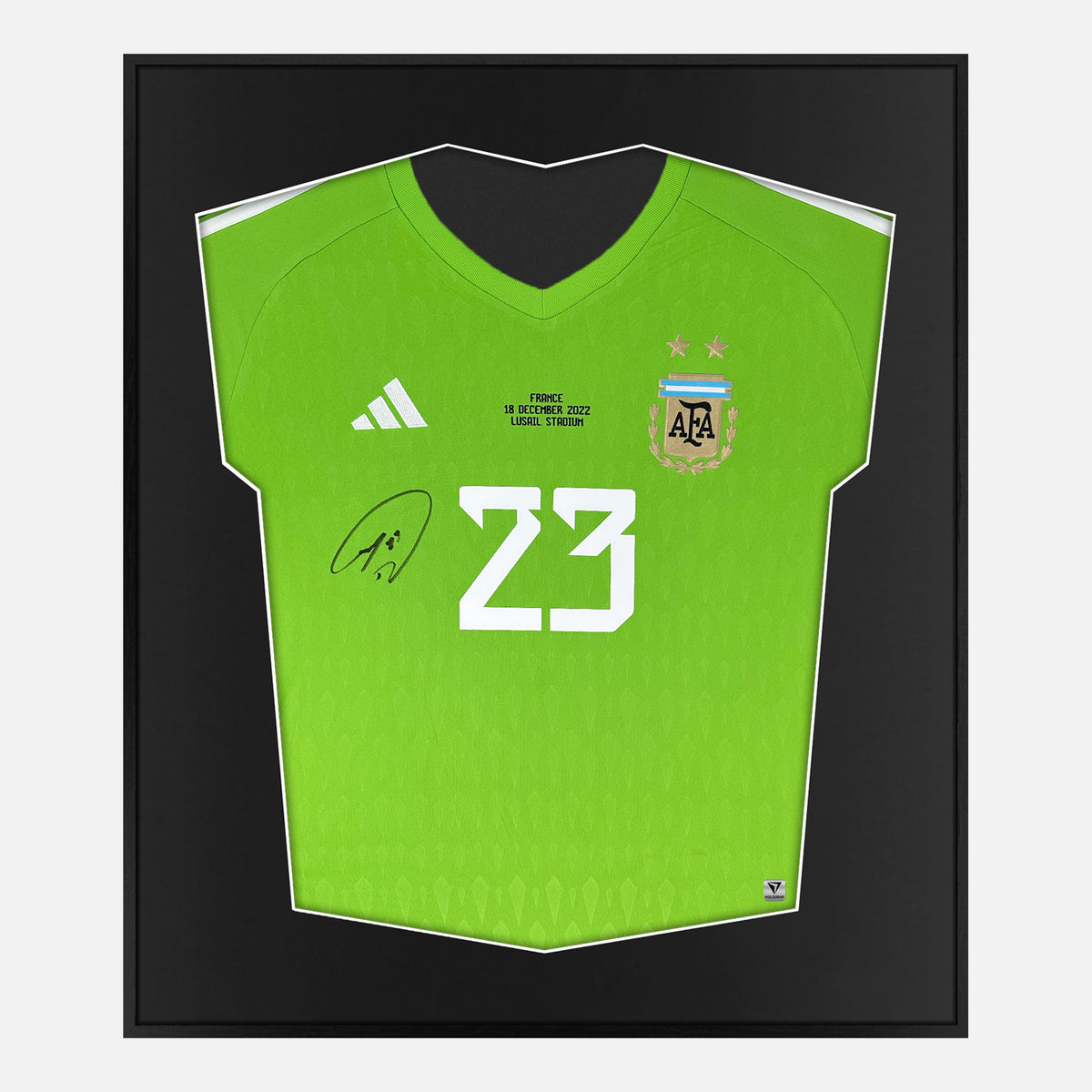 Framed Emiliano Martinez Signed Shirt, Argentina Goalkeeper [Lite] — Lite framed Argentina shirt signed by Emiliano Martinez | The Vault