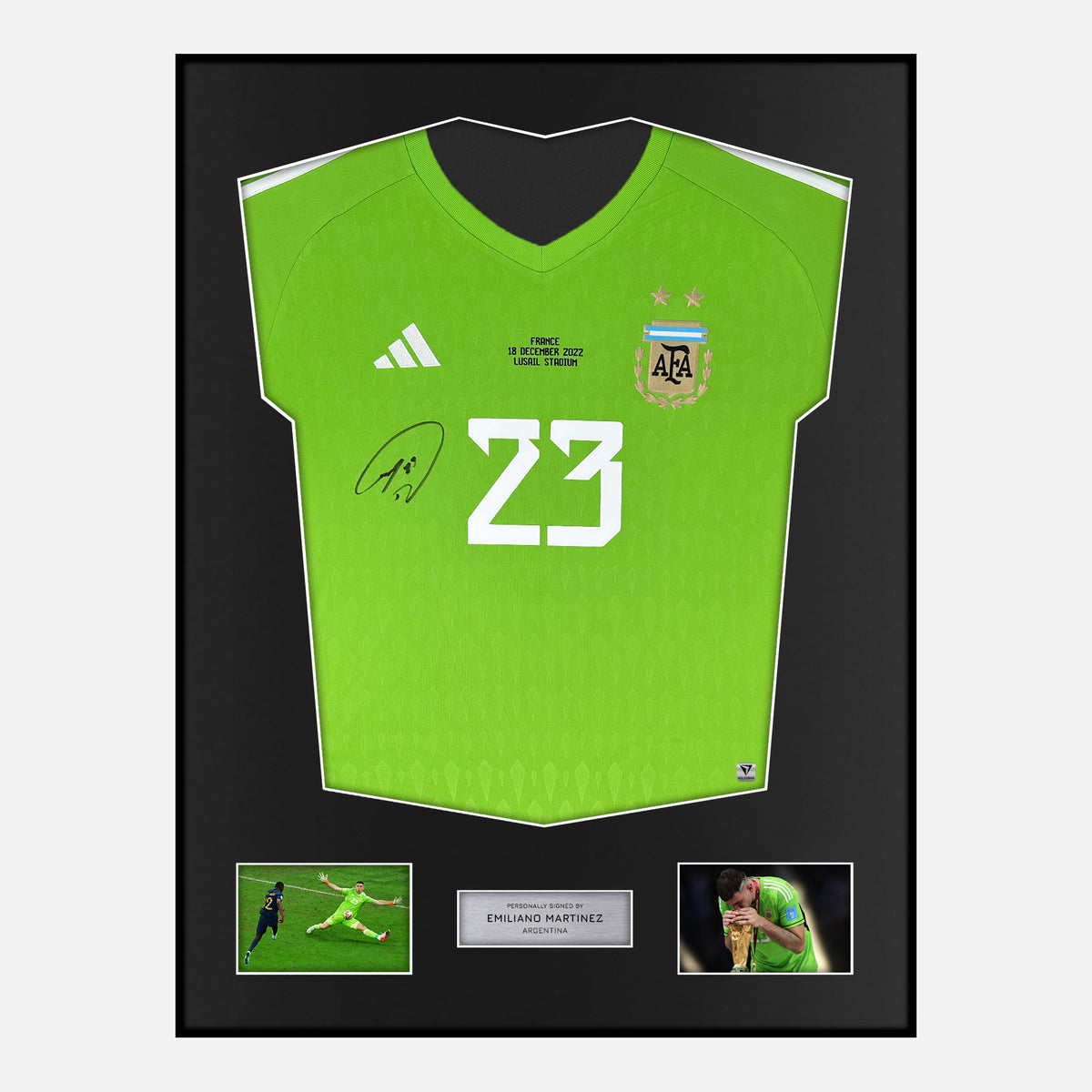Framed Emiliano Martinez Signed Argentina Shirt Goalkeeper World Cup [Classic] — Classic framed Argentina shirt signed by Emiliano Martinez | The Vault