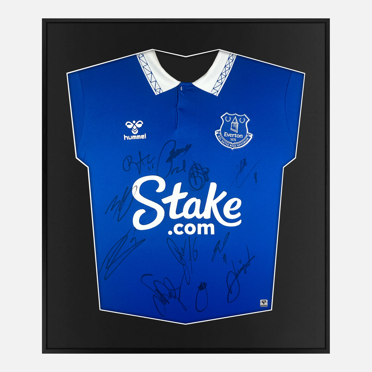 Framed Everton Squad Signed Shirt, memorabilia display [Lite] — Authentic signature with NFC and COA | The Vault