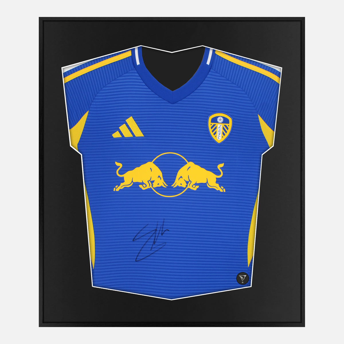 Framed Wilfried Gnonto Signed Shirt, Leeds Blue Away [Lite] — Lite framed Leeds United shirt signed by Wilfried Gnonto | The Vault