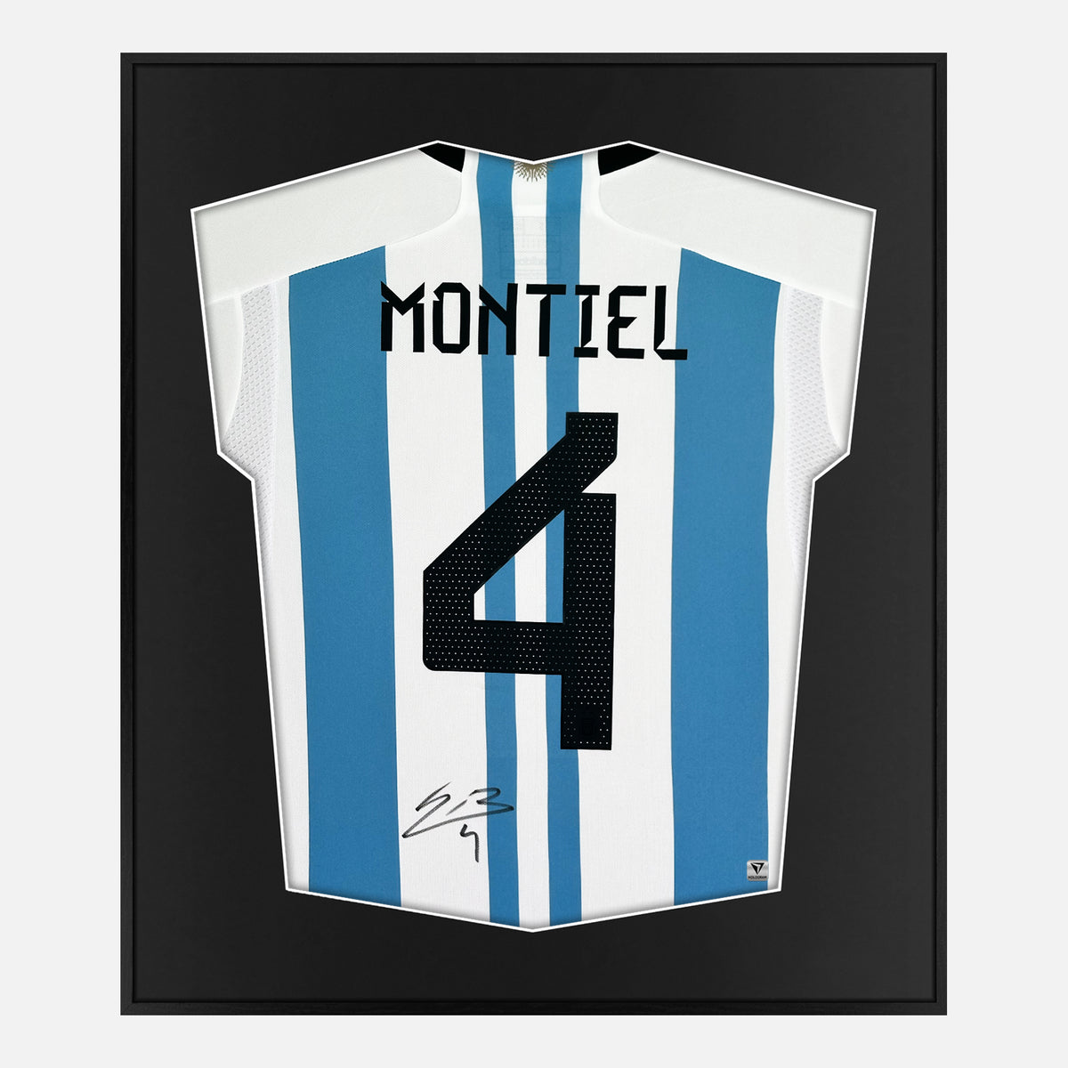 Framed Montiel Signed Argentina Shirt, World Cup Winners [Lite] — Authentic signature with NFC and COA | The Vault
