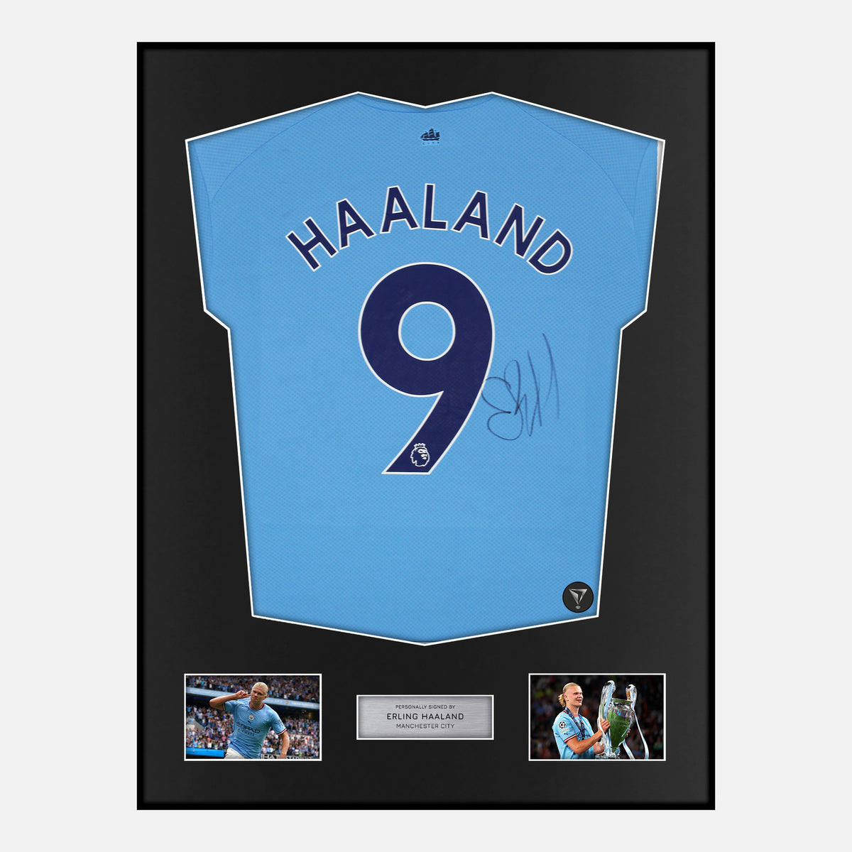 Framed Haaland Signed Manchester City Shirt 2022-23 Treble [Classic] — Classic framed Manchester City shirt signed by Erling Haaland | The Vault