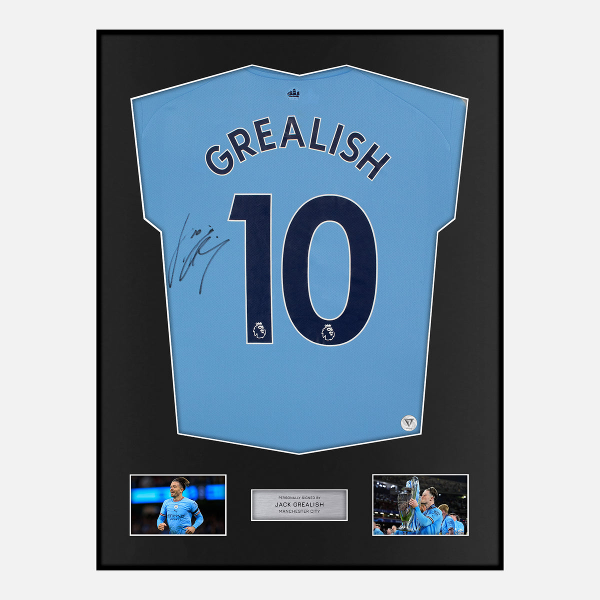 Framed Jack Grealish Signed Manchester City Shirt 2023 Treble [Classic] — Verified autograph with NFC and certificate | The Vault
