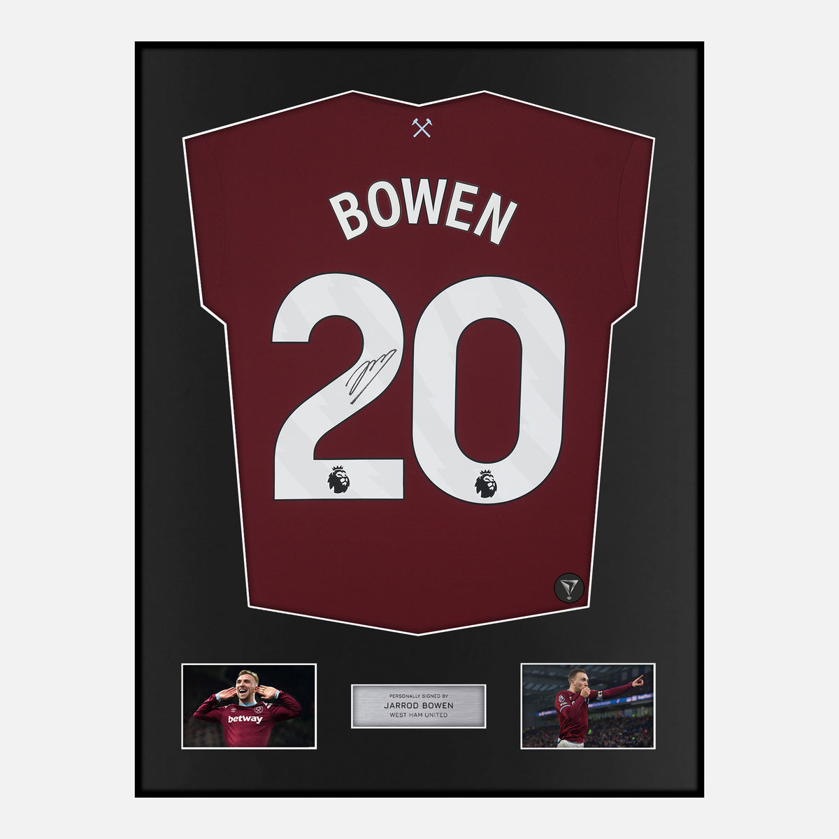 Framed Jarrod Bowen Signed West Ham United Shirt Home 2025-26 [Classic] — Classic framed West Ham United shirt signed by Jarrod Bowen | The Vault
