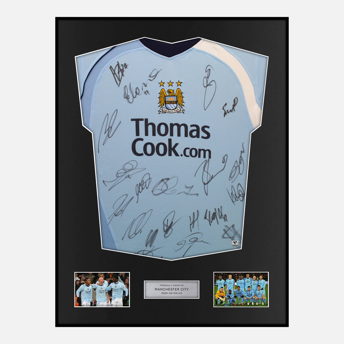 Framed Squad Signed Manchester City Shirt 2008-09 Home [Classic] — Verified autograph with NFC and certificate | The Vault