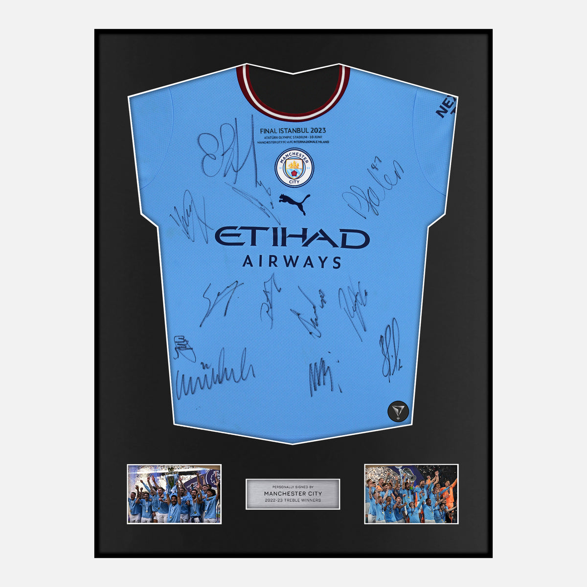 Framed Squad Signed Manchester City Shirt 2023 Treble [Classic] — Classic framed signed Manchester City shirt | The Vault