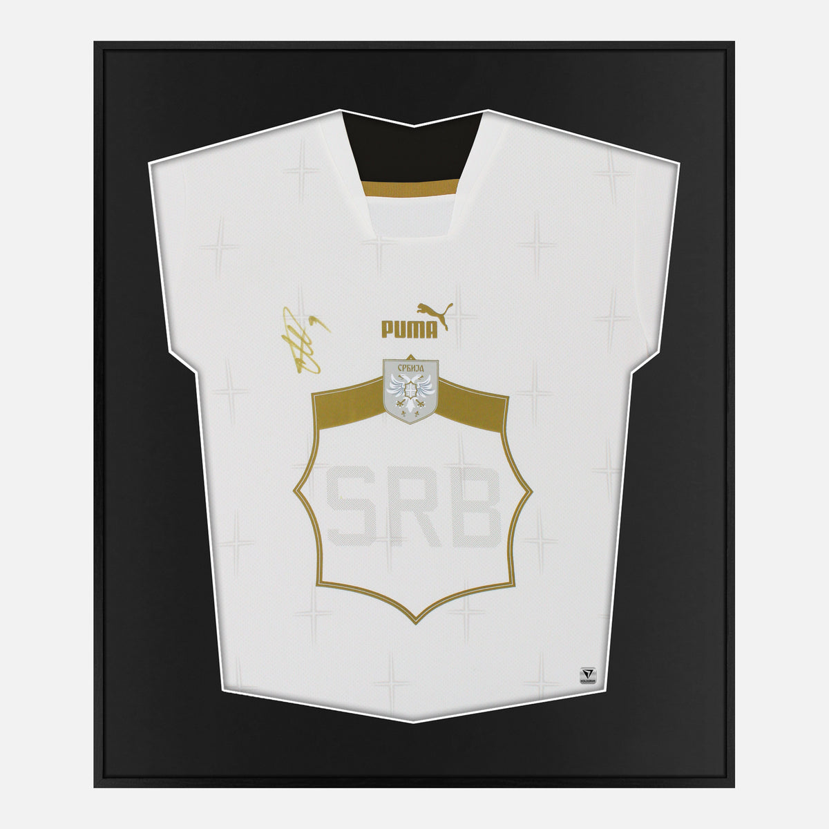 Framed Mitrović Signed Serbia Shirt, White/Gold Away [Lite] — Lite framed Serbia shirt signed by Aleksandar Mitrović | The Vault