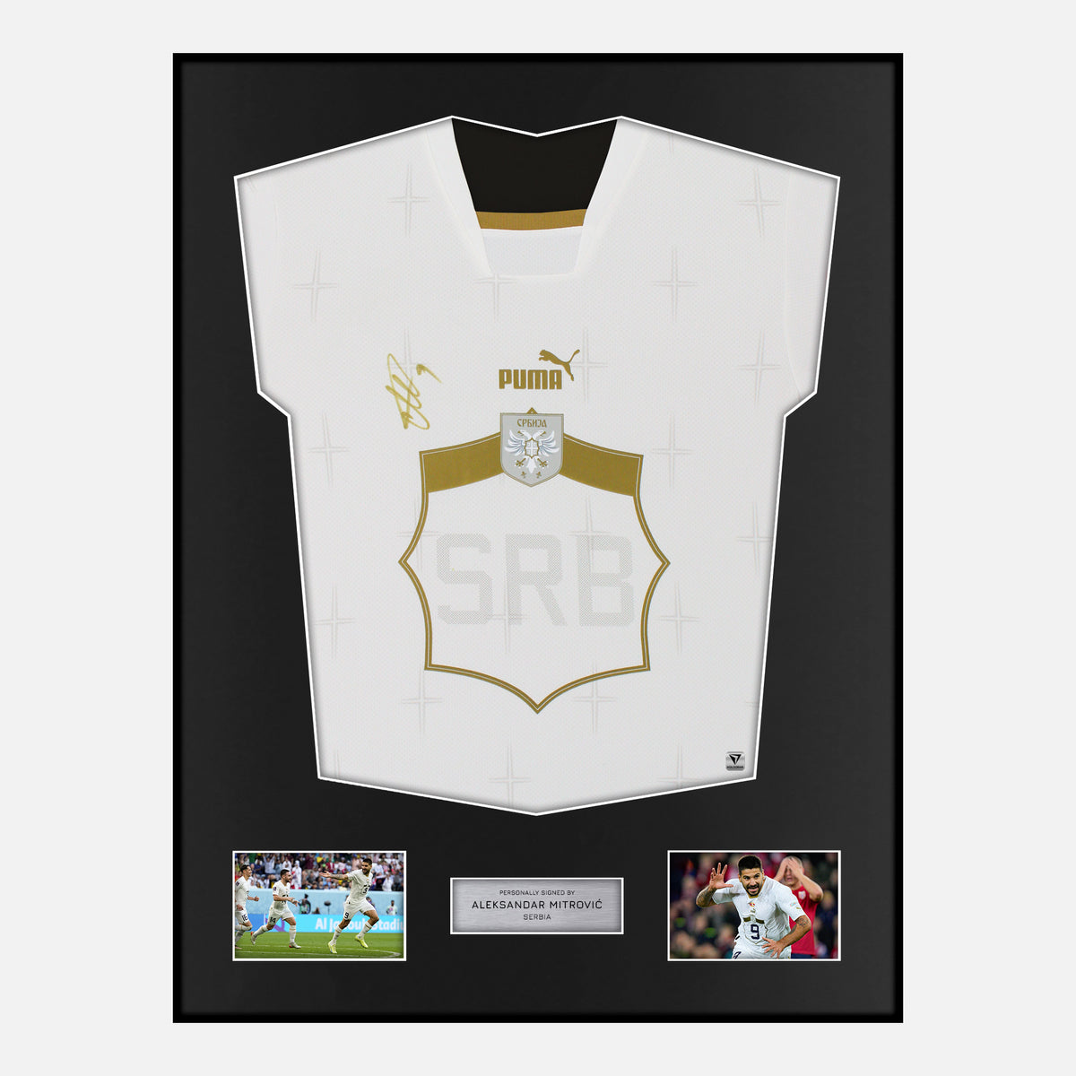 Framed Aleksandar Mitrović Signed Serbia Shirt 2022-23 Away [Classic] — Displaying your Aleksandar Mitrović framed shirts [signed] | The Vault