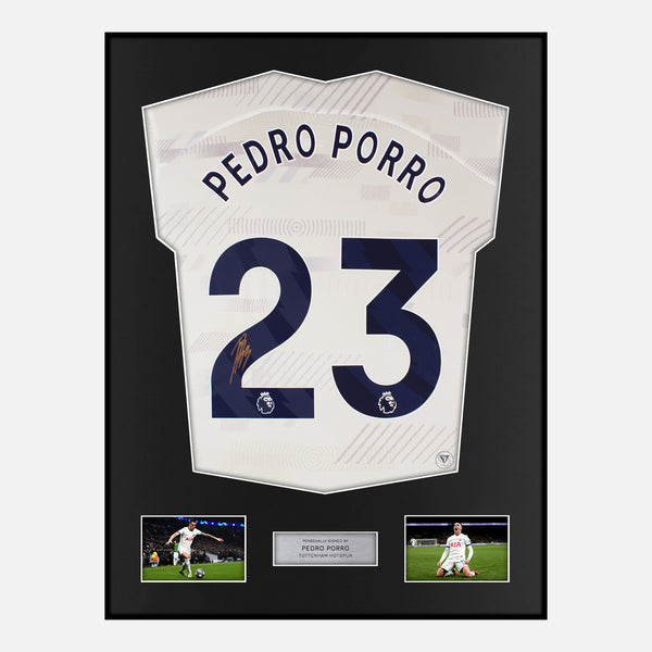 Framed Pedro Porro Signed Tottenham Hostpur Shirt 2023-24 Home [Modern]