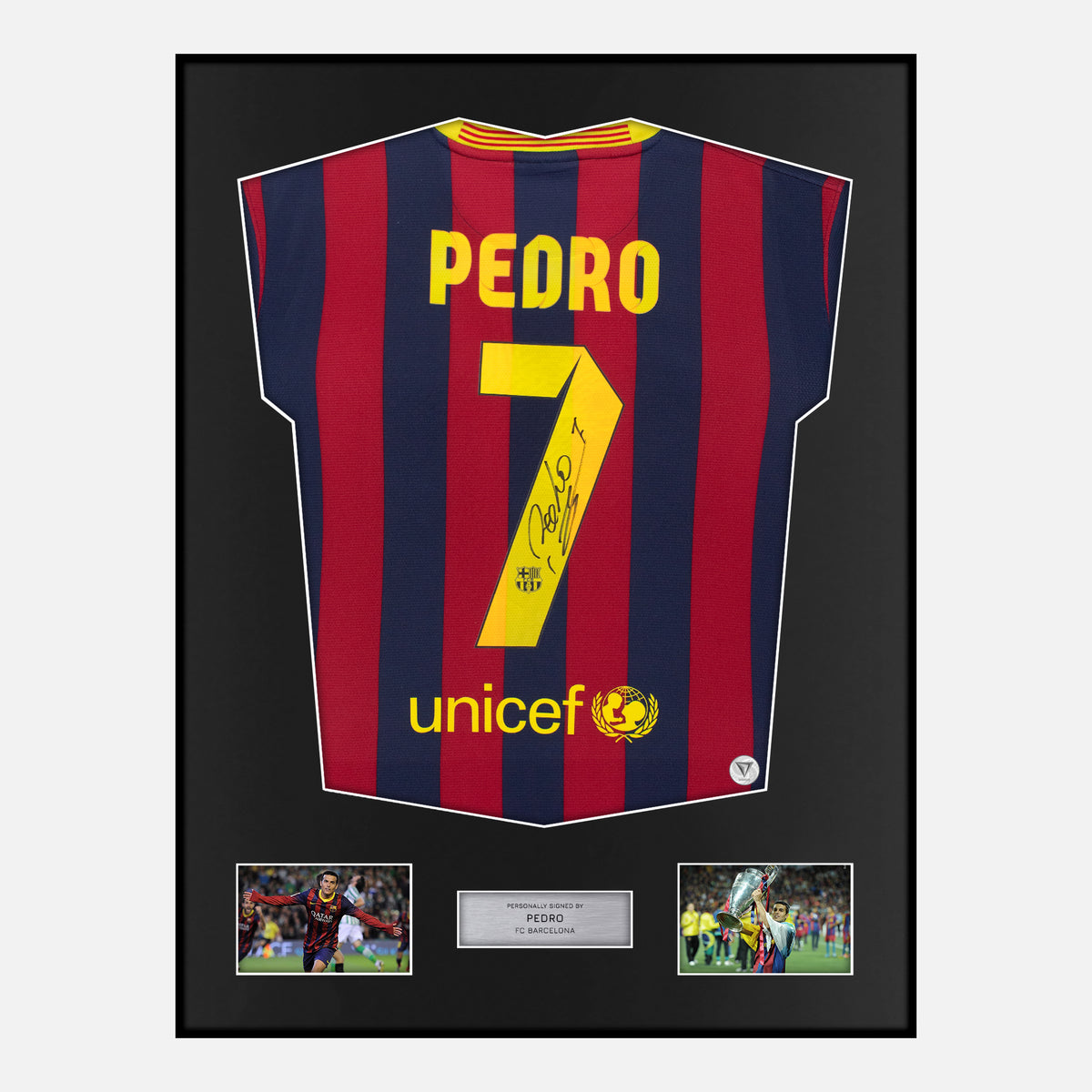 Framed Pedro Signed Barcelona Shirt 2013-14 Home [Classic] — Verified autograph with NFC and certificate | The Vault
