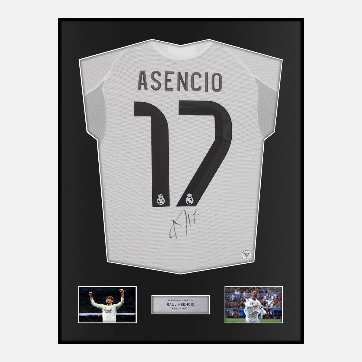 Framed Raul Asencio Signed Real Madrid Shirt 2025-26 Home [Classic] — Classic framed Real Madrid shirt signed by Raúl Asencio | The Vault