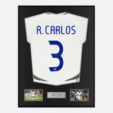 Framed Roberto Carlos Signed Real Madrid Shirt 2006-08 Home [Modern]