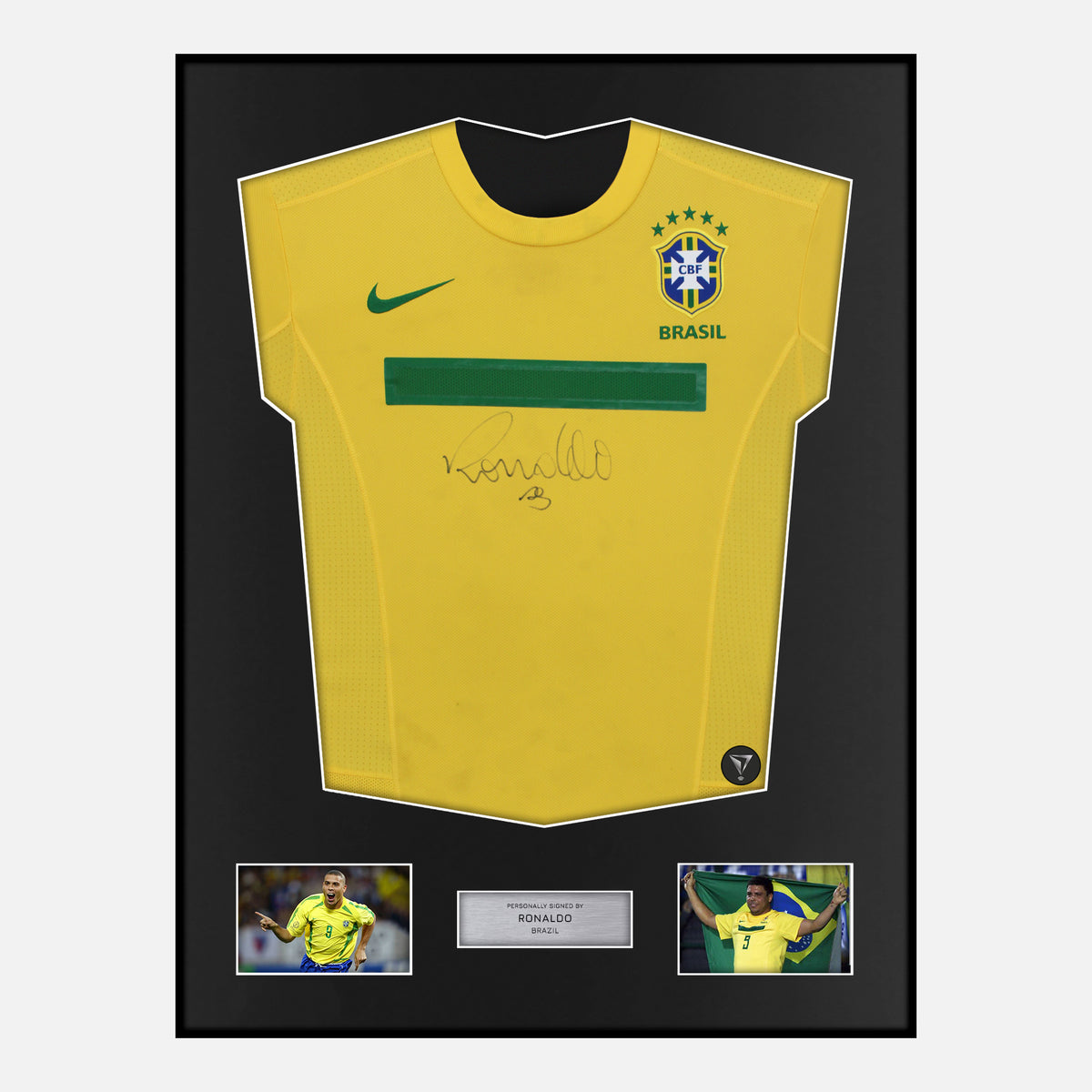 Framed Ronaldo Signed Brazil Shirt 2011-12 Home [Classic] — Classic framed Brazil shirt signed by Ronaldo Nazário | The Vault