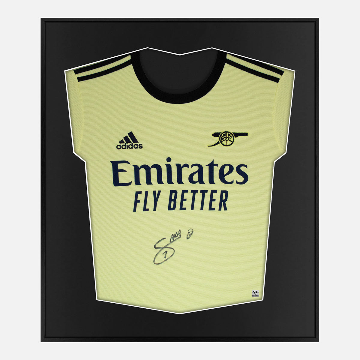 Framed Saka Signed Arsenal Shirt, Yellow Away [Lite] — Authentic signature with NFC and COA | The Vault