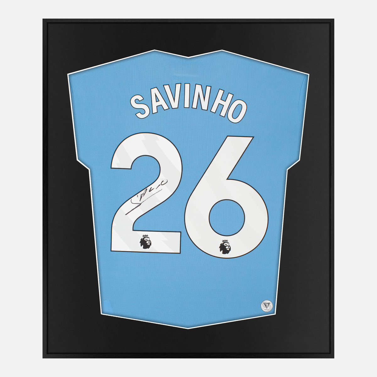 Framed Savinho Signed Manchester City Shirt, New Home [Lite] — Authentic signature with NFC and COA | The Vault