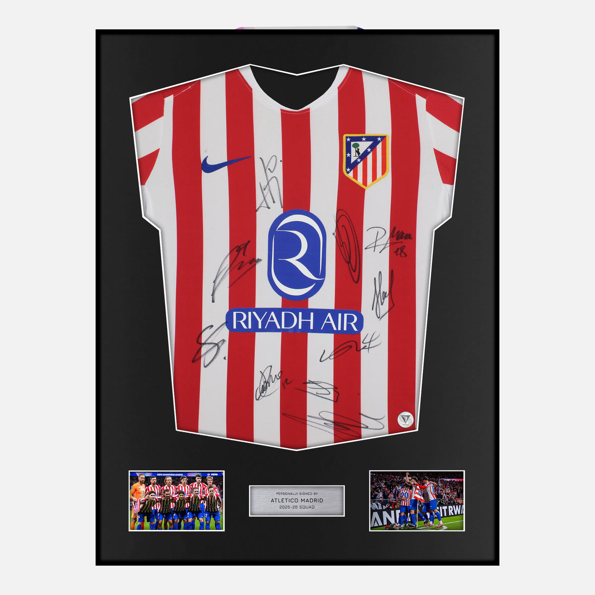 Framed Squad Signed Atletico Madrid Shirt 2025-26 Home [Classic] — Verified autograph with NFC and certificate | The Vault