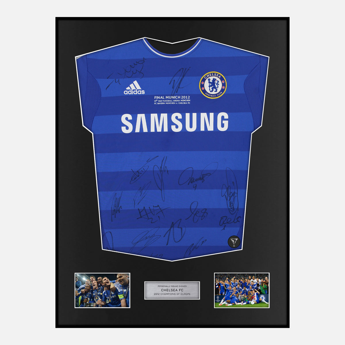 Framed Squad Signed Chelsea Shirt Home 2012 CL Final [Classic] — Classic framed signed Chelsea shirt | The Vault