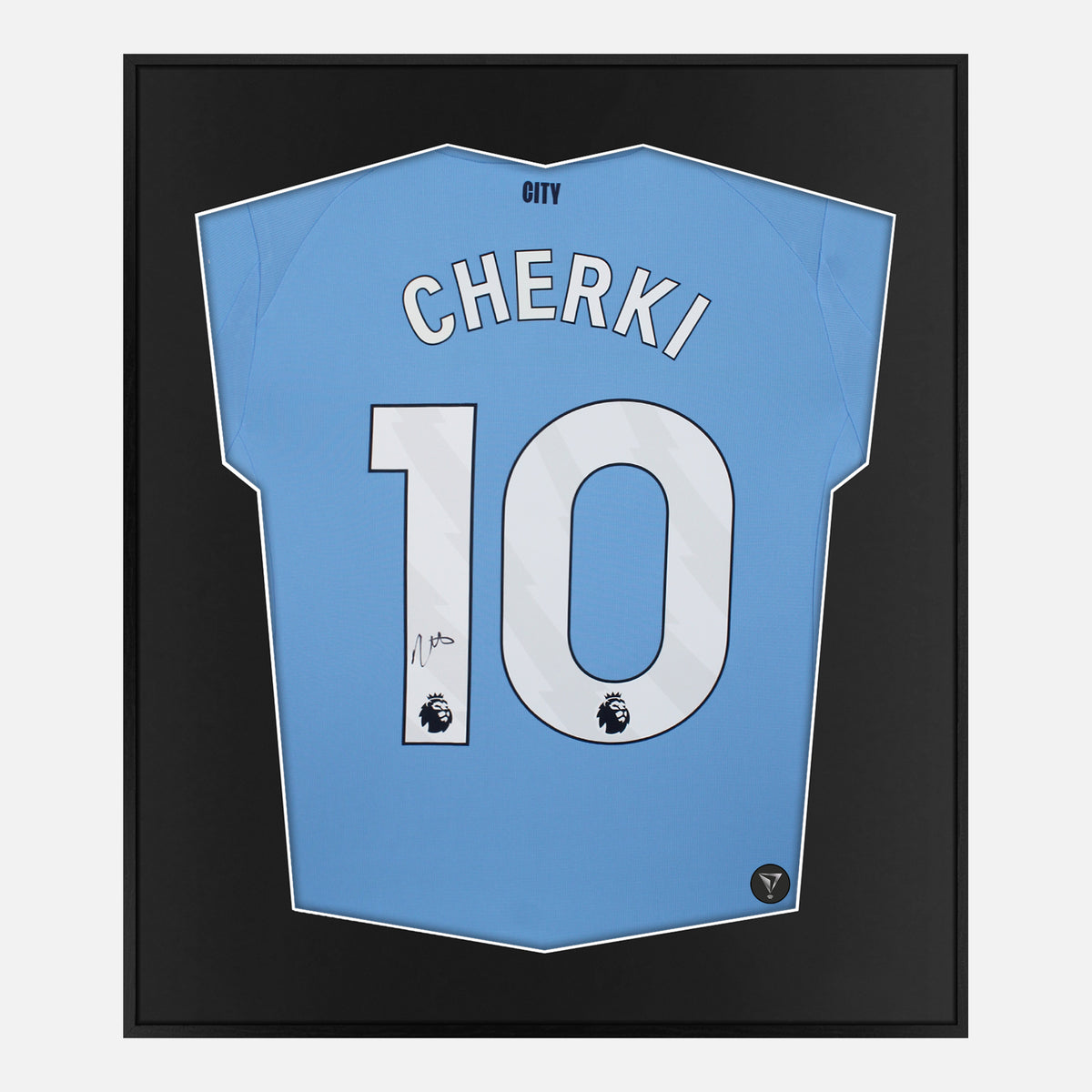 Framed Rayan Cherki Signed Shirt, Man City Home [Lite] — Lite framed Manchester City shirt signed by Rayan Cherki | The Vault