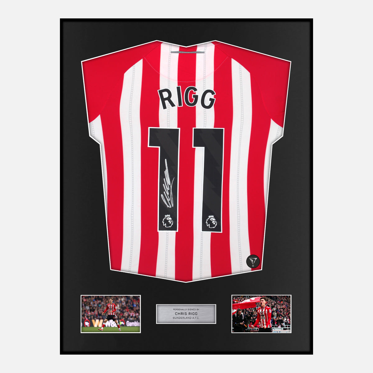 Framed Chris Rigg Signed Sunderland Shirt 2025-26 Home [Classic] — Classic framed Sunderland shirt signed by Chris Rigg | The Vault