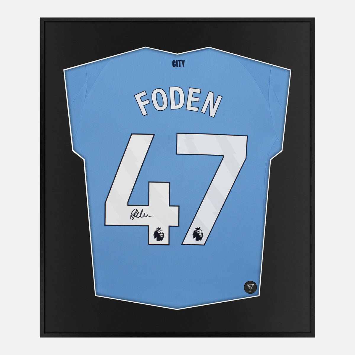Framed Phil Foden Signed Shirt, Man City Home [Lite] — Lite framed Manchester City shirt signed by Phil Foden | The Vault
