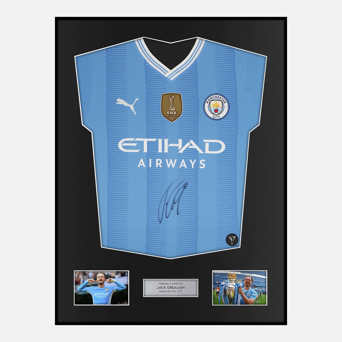 Framed Jack Grealish Signed Manchester City Shirt 2023-24 [Classic] — Classic framed Manchester City shirt signed by Jack Grealish | The Vault