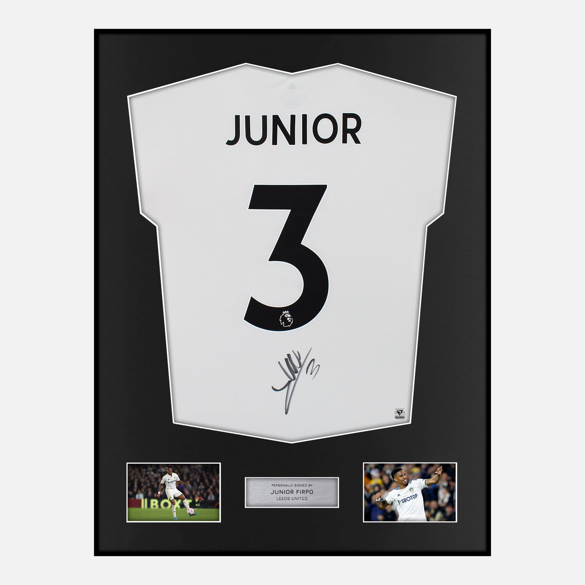 Framed Junior Firpo Signed Leeds United Shirt 2022-23 Home [Classic] — Verified autograph with NFC and certificate | The Vault