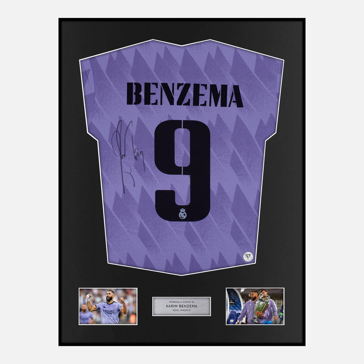 Framed Benzema Signed Real Madrid Shirt Purple Away 2022-23 [Classic] — Verified autograph with NFC and certificate | The Vault